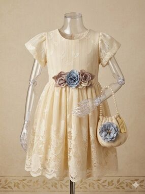 Cream Lace Flower Belted Dress with Matching crossbody Bag not pearl